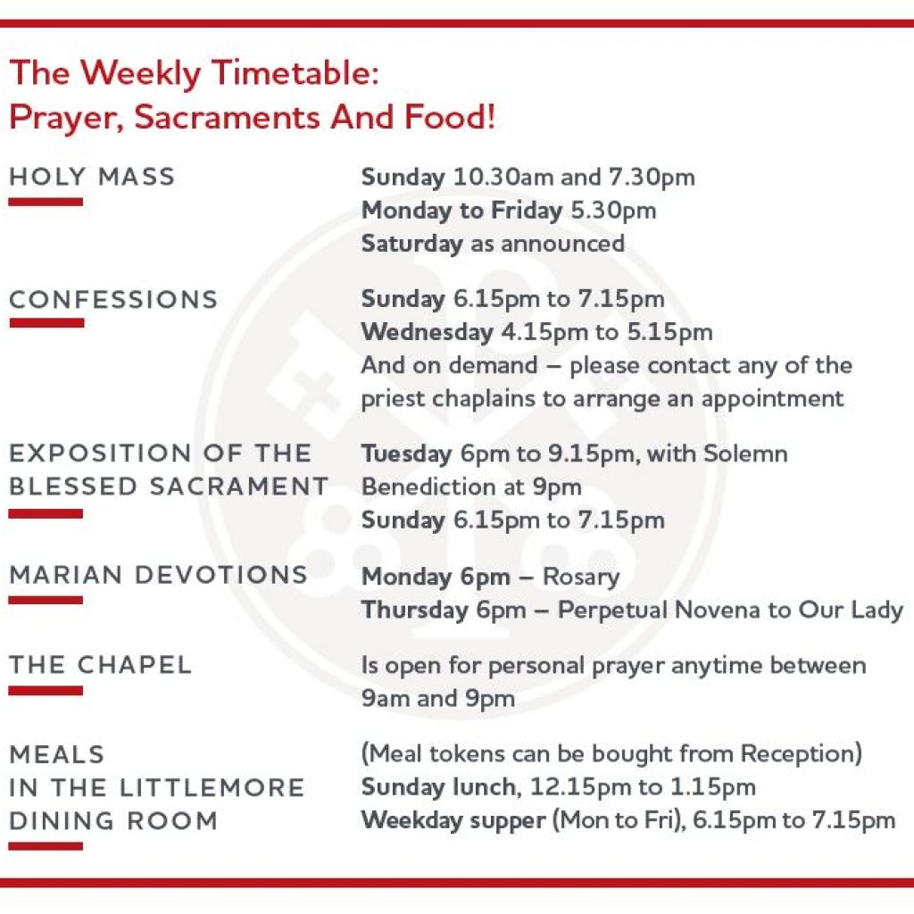 2019 Timetable at the Chaplaincy: Prayer, Sacraments and Food!